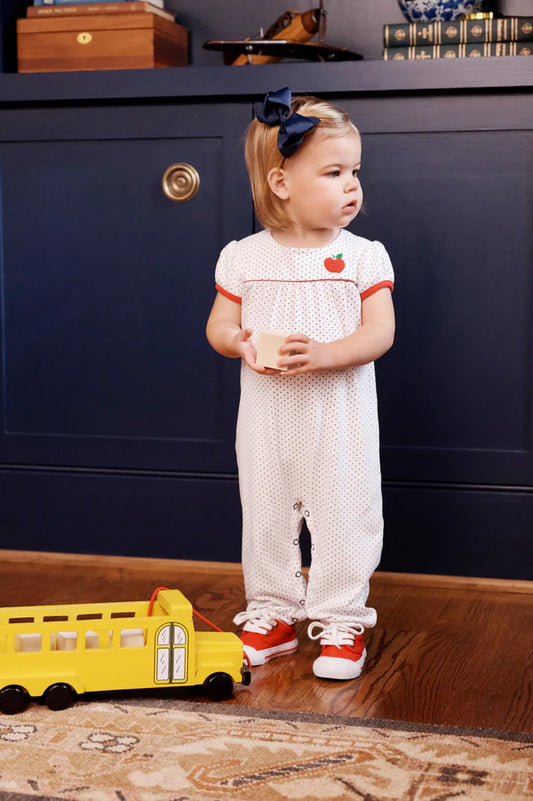 Penny's Playsuit, 
Nantucket Navy Microdot/Richmond Red/Apple