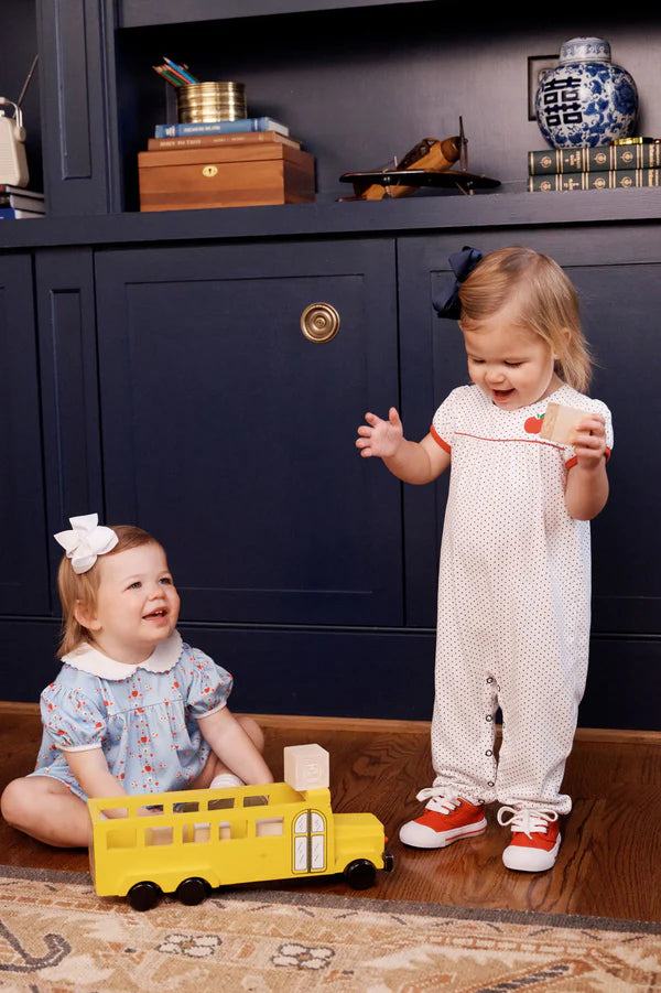 Penny's Playsuit, 
Nantucket Navy Microdot/Richmond Red/Apple