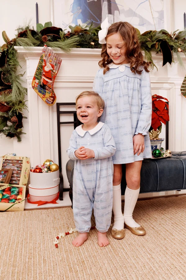 Long Sleeve Bradford Romper- Collar- Heavy Weight, 
Blue Choo Choos/Worth Ave White