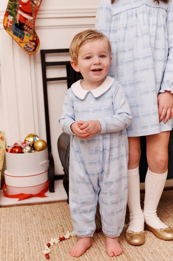 Long Sleeve Bradford Romper- Collar- Heavy Weight, 
Blue Choo Choos/Worth Ave White