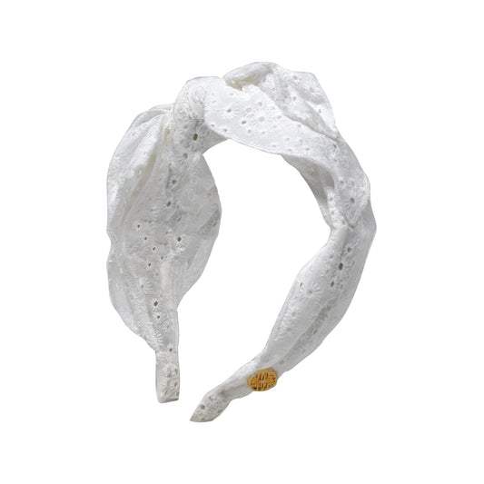 Side Bow Knotted Eyelet Headband, Resort White