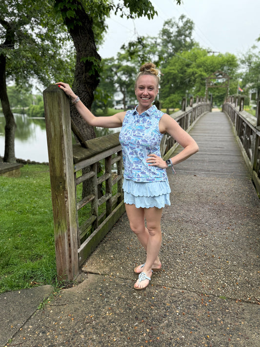 ALICE SLEEVELESS POLO, PALM PLACE CUSTOM BLUE/TEAL