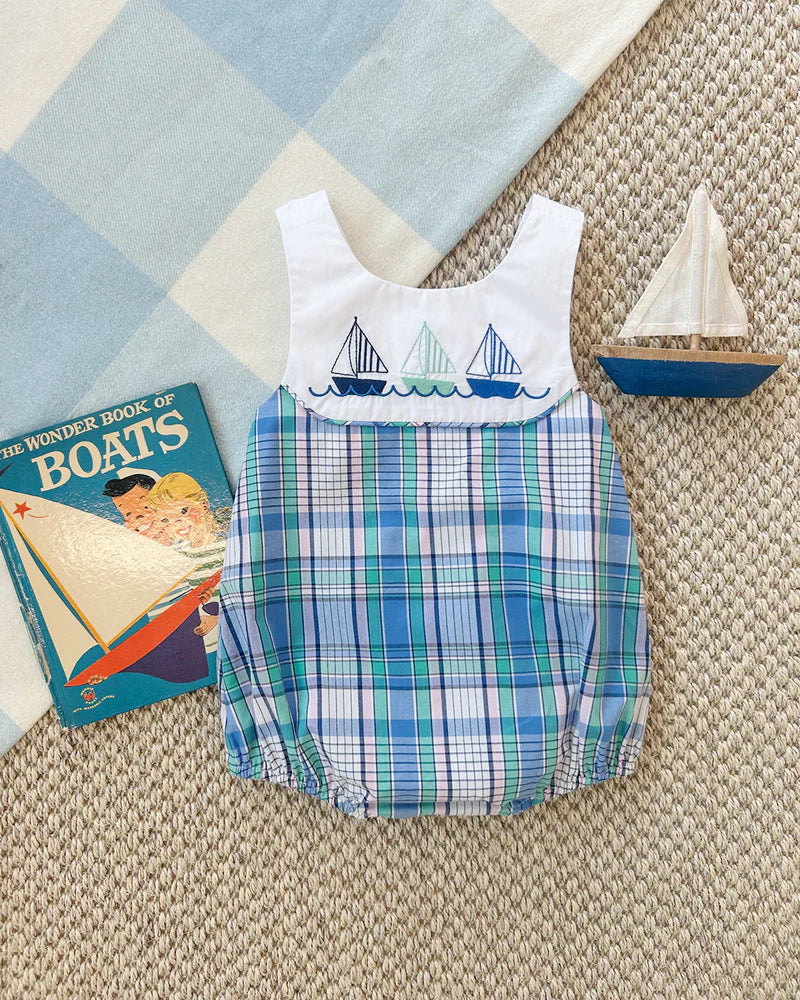 Sandler Sunsuit - Lauderdale Pier Plaid with Worth Avenue White & Sailboat Appliques