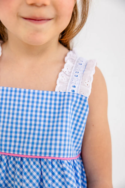 Babs Bloomer Set- Woven Yarn, 
Sunrise Blvd Blue Mini Gingham/Hamptons Hot Pink/Flower