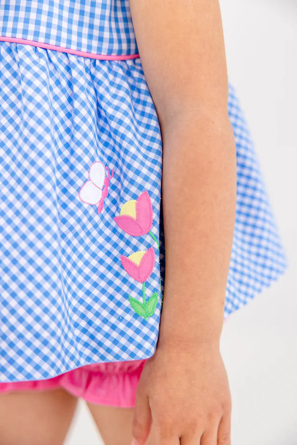 Babs Bloomer Set- Woven Yarn, 
Sunrise Blvd Blue Mini Gingham/Hamptons Hot Pink/Flower
