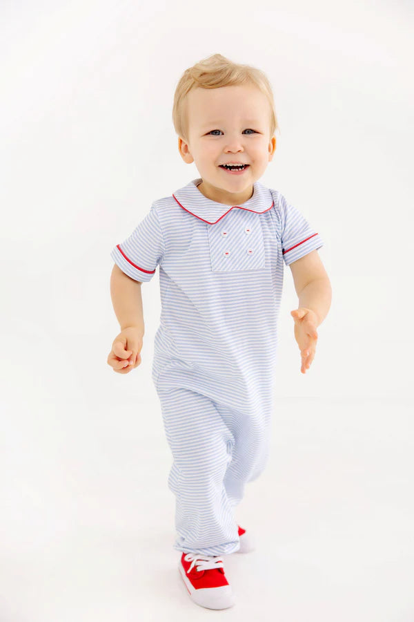 Benny Button Romper, 
Beale Street Blue Stripe/Richmond Red
