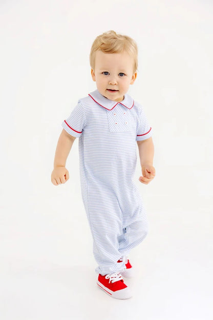 Benny Button Romper, 
Beale Street Blue Stripe/Richmond Red
