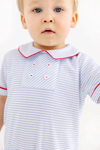 Benny Button Romper, 
Beale Street Blue Stripe/Richmond Red