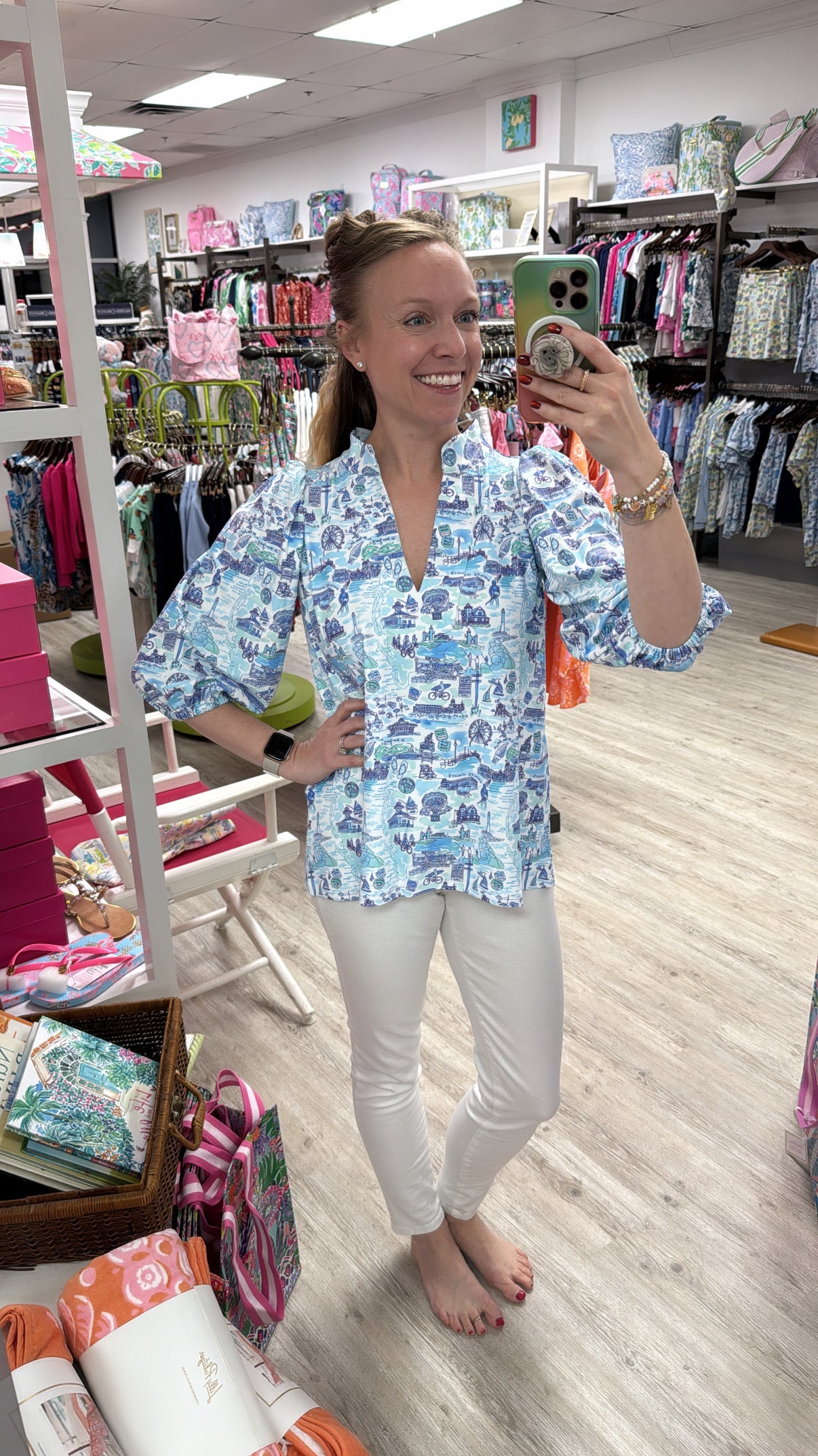 ELIZA TOP, PALM PLACE CUSTOM BLUE/TEAL