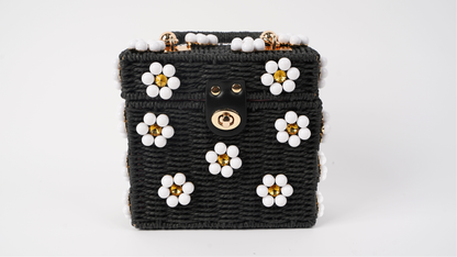 Wicker Bucket Daisy Flower Purse: Black + White Daisy