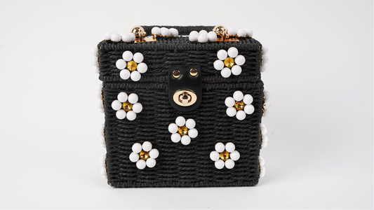Wicker Bucket Daisy Flower Purse: Black + White Daisy