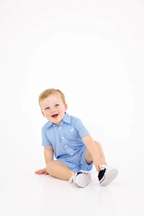 Sir Proper's Romper- Woven Yarn, 
Sunrise Blvd Blue Mini Gingham