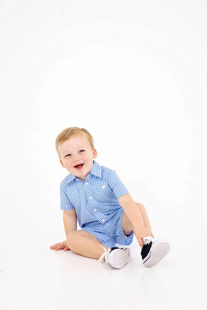 Sir Proper's Romper- Woven Yarn, 
Sunrise Blvd Blue Mini Gingham