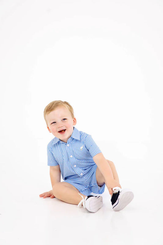 Sir Proper's Romper- Woven Yarn, 
Sunrise Blvd Blue Mini Gingham