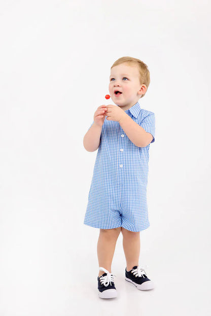 Sir Proper's Romper- Woven Yarn, 
Sunrise Blvd Blue Mini Gingham