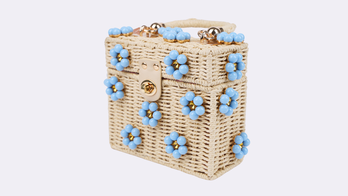 Wicker Bucket Daisy Flower Purse: Navy + White Daisy