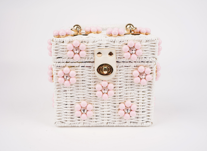 Wicker Bucket Daisy Flower Purse: Navy + White Daisy