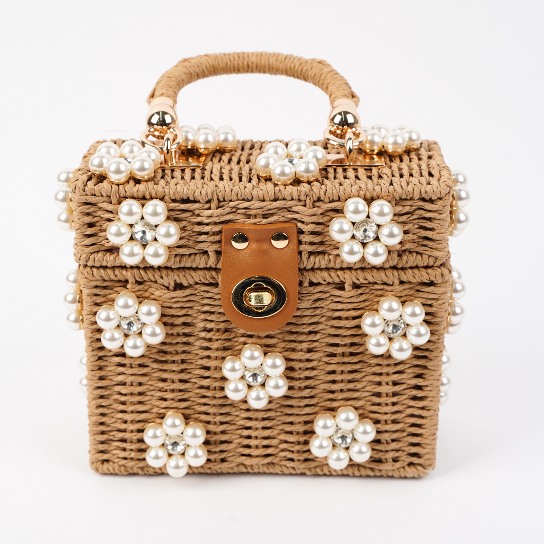 Wicker Bucket Daisy Flower Purse: Tan/Brown + Pearl Daisy