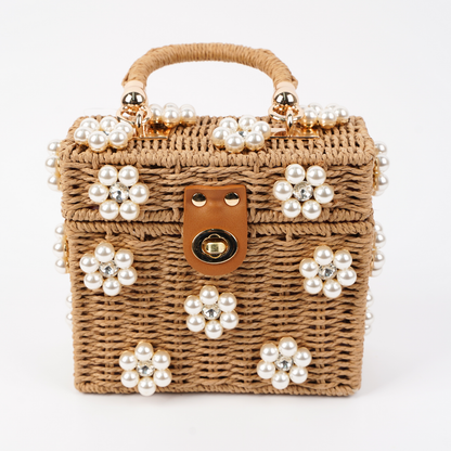 Wicker Bucket Daisy Flower Purse: Tan/Brown + Pearl Daisy