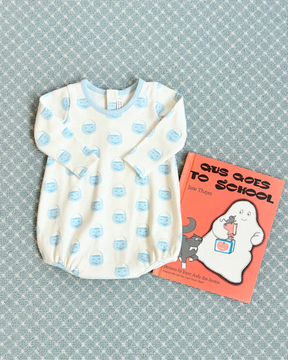 Long Sleeve Patton Play Romper - Vintage Prep Pumpkin Pails with Buckhead Blue