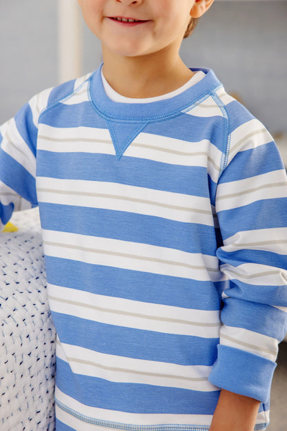 Cassidy Comfy Crewneck - Boys - French Terry, Barbados Blue/White/Sandy Spring Stone Stripe