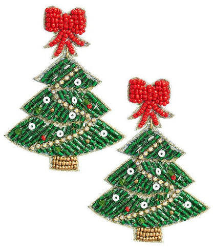 Christmas Tree Beaded Earring - Red Bow Top - WS