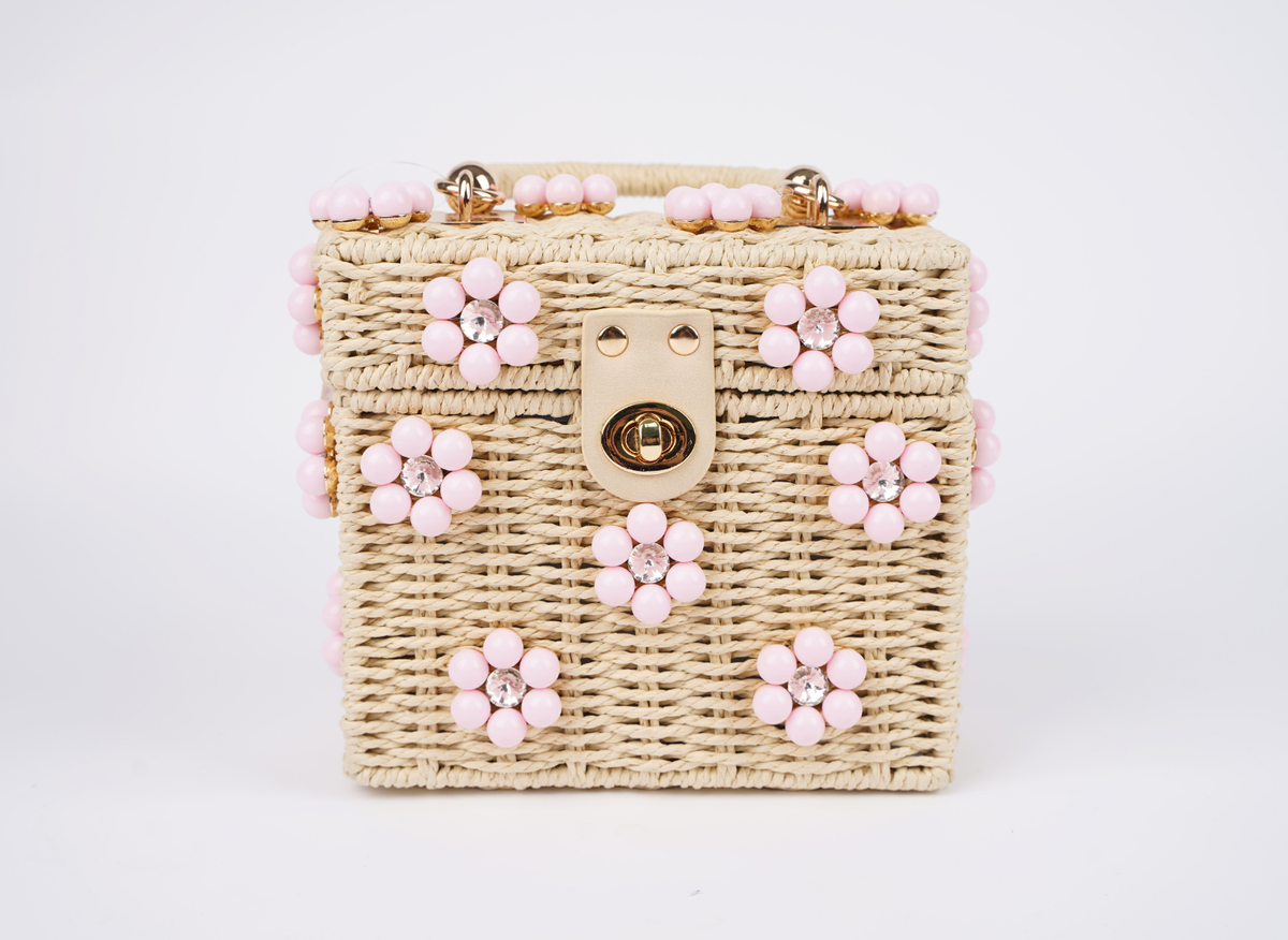Wicker Bucket Daisy Flower Purse: Navy + White Daisy