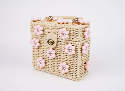 Wicker Bucket Daisy Flower Purse: Navy + White Daisy