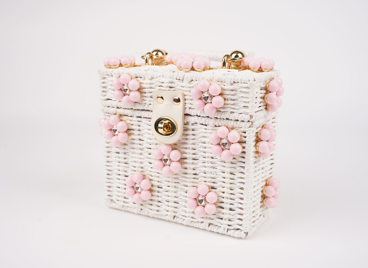 Wicker Bucket Daisy Flower Purse: Navy + White Daisy