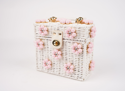 Wicker Bucket Daisy Flower Purse: Navy + White Daisy