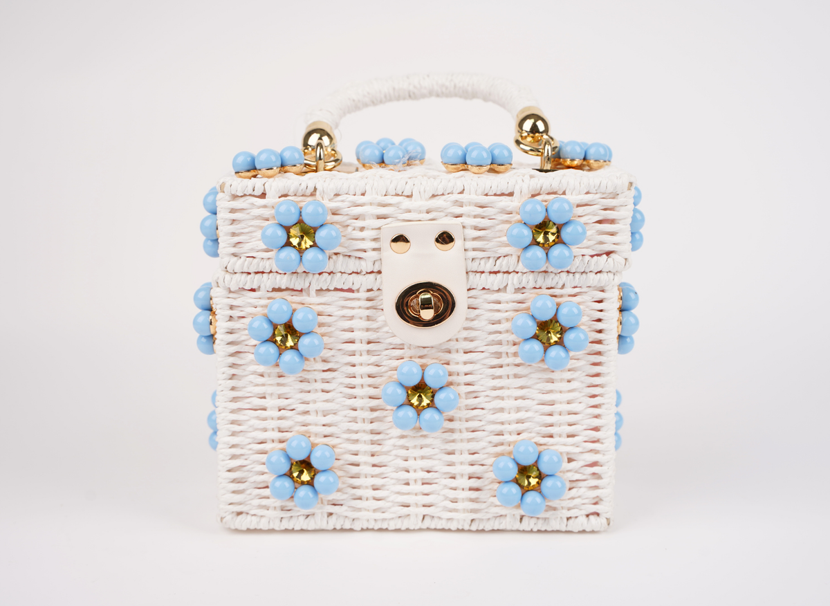 Wicker Bucket Daisy Flower Purse: Navy + White Daisy