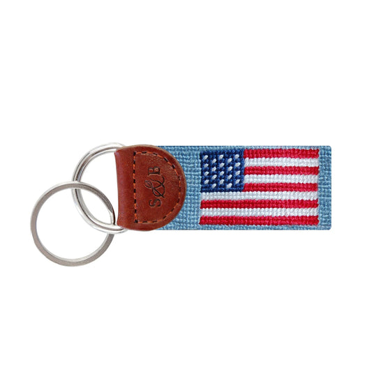 NEEDLEPOINT KEY FOB, American Flag, Antique Blue
