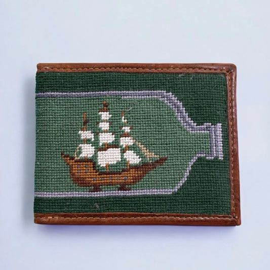 NEEDLEPOINT BI-FOLD WALLET, SHIP IN BOTTLE