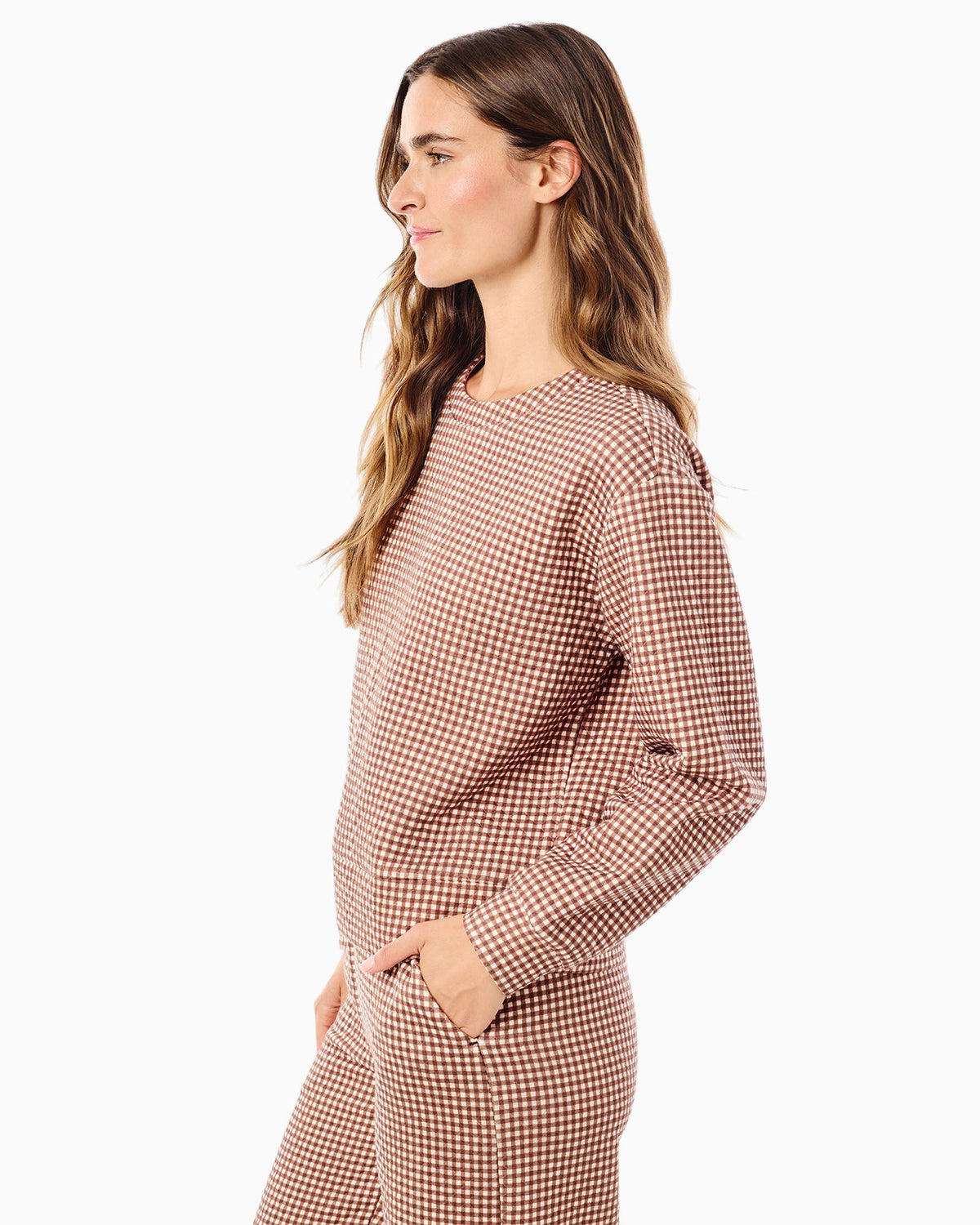 QUILTED BEDFORD SWEATSHIRT - MILK CHOCOLATE GINGHAM