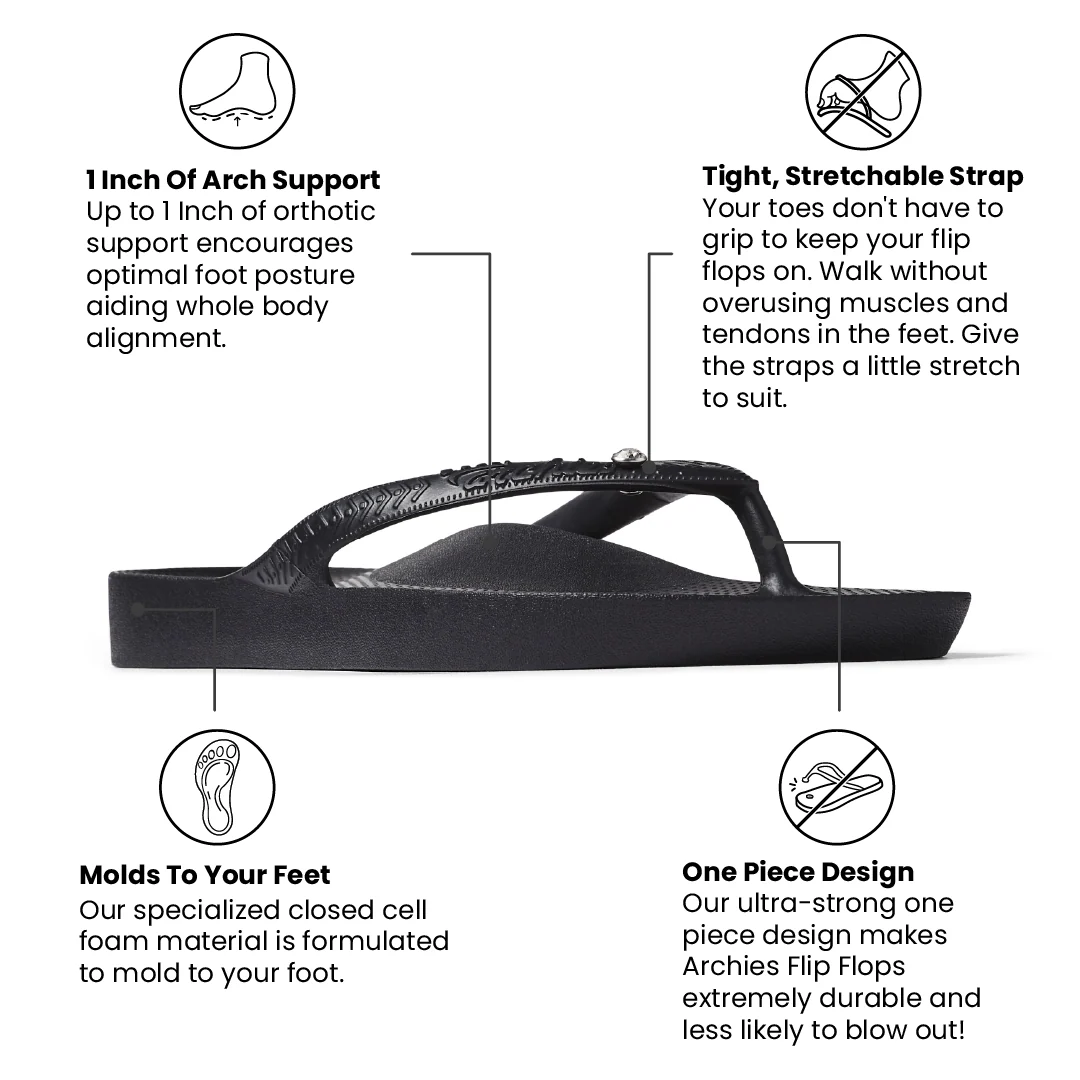 Archies Arch Support Crystal Flip Flops, Crystal Black