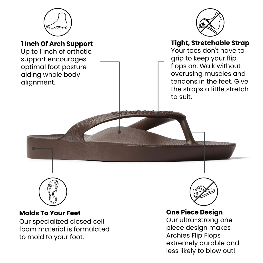 Archies Arch Support Flip Flops, Brown