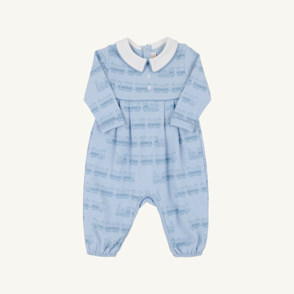 Long Sleeve Bradford Romper- Collar- Heavy Weight, 
Blue Choo Choos/Worth Ave White