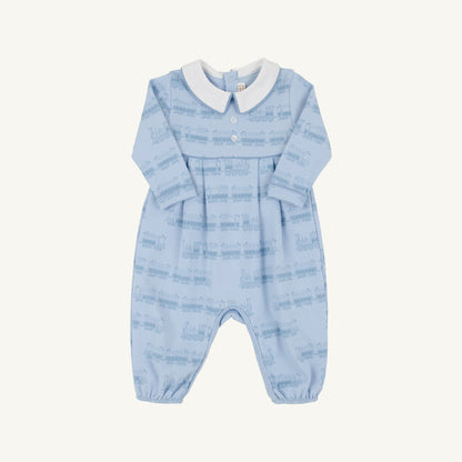 Long Sleeve Bradford Romper- Collar- Heavy Weight, 
Blue Choo Choos/Worth Ave White