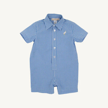 Sir Proper's Romper- Woven Yarn, 
Sunrise Blvd Blue Mini Gingham