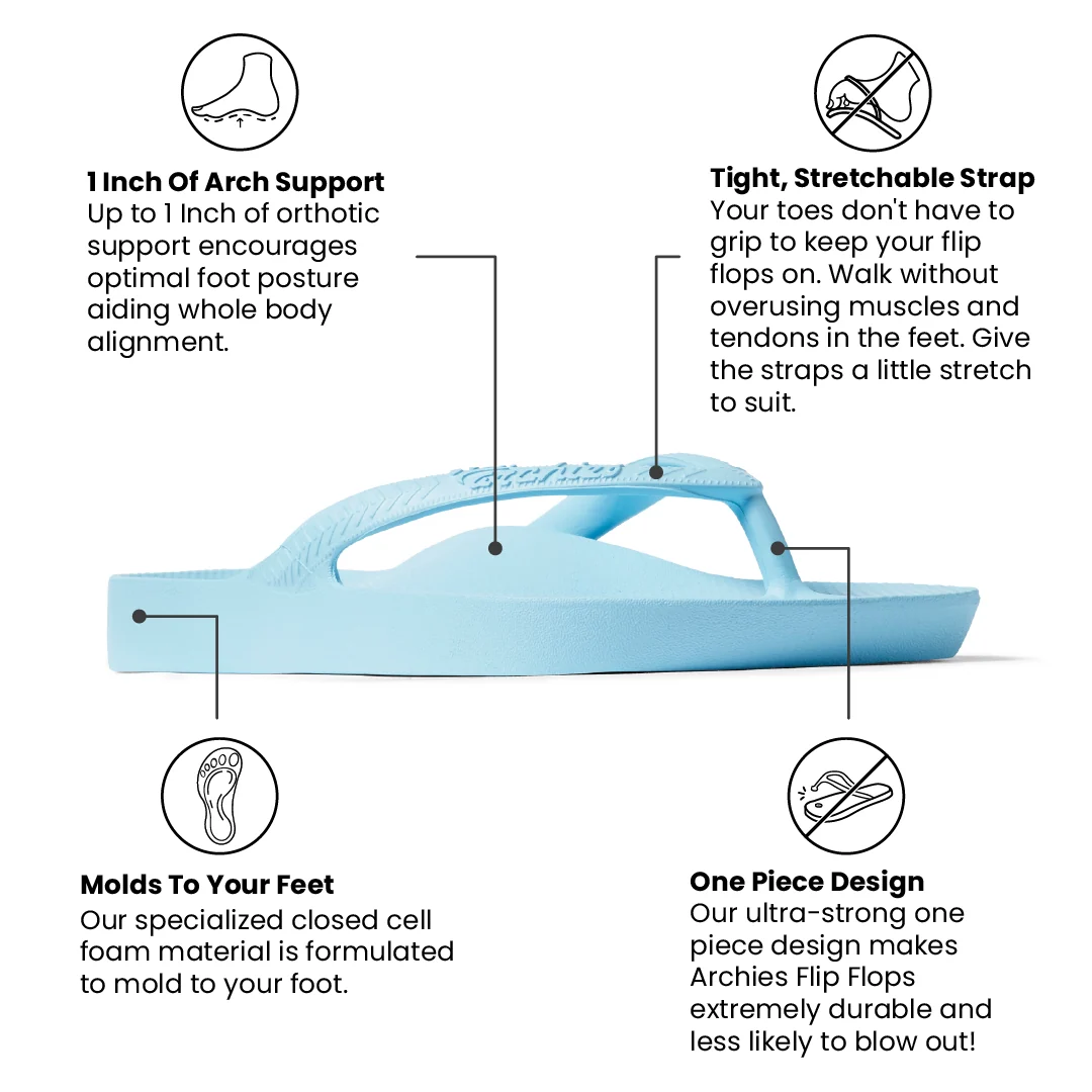 Archies Arch Support Flip Flops, Sky Blue
