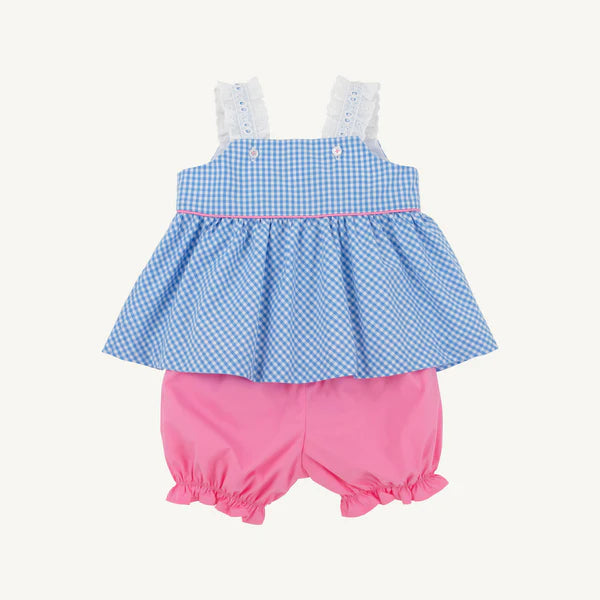 Babs Bloomer Set- Woven Yarn, 
Sunrise Blvd Blue Mini Gingham/Hamptons Hot Pink/Flower