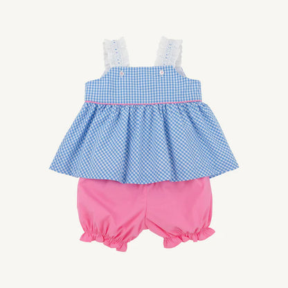 Babs Bloomer Set- Woven Yarn, 
Sunrise Blvd Blue Mini Gingham/Hamptons Hot Pink/Flower