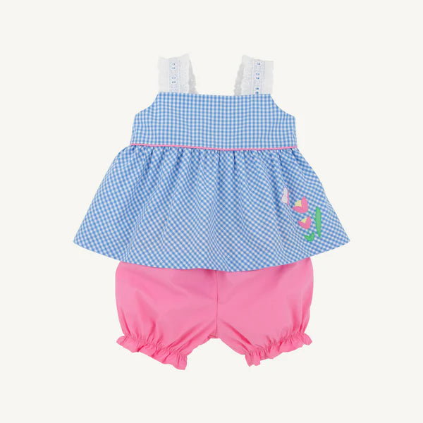 Babs Bloomer Set- Woven Yarn, 
Sunrise Blvd Blue Mini Gingham/Hamptons Hot Pink/Flower