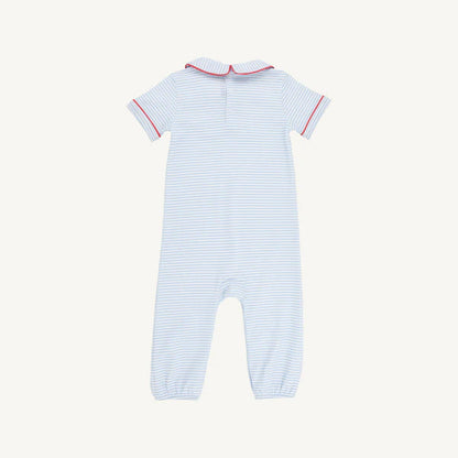 Benny Button Romper, 
Beale Street Blue Stripe/Richmond Red