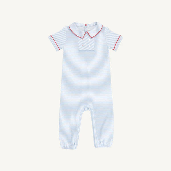 Benny Button Romper, 
Beale Street Blue Stripe/Richmond Red