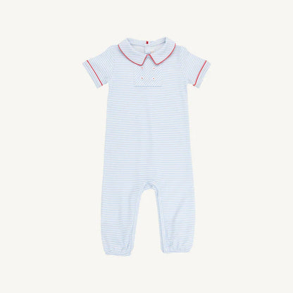 Benny Button Romper, 
Beale Street Blue Stripe/Richmond Red