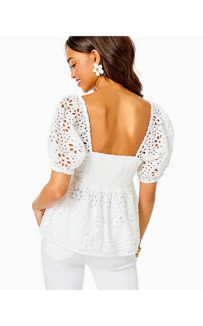 KAY SHORT SLEEVE EYELET TOP, RESORT WHITE FUNFLOWER EYELET