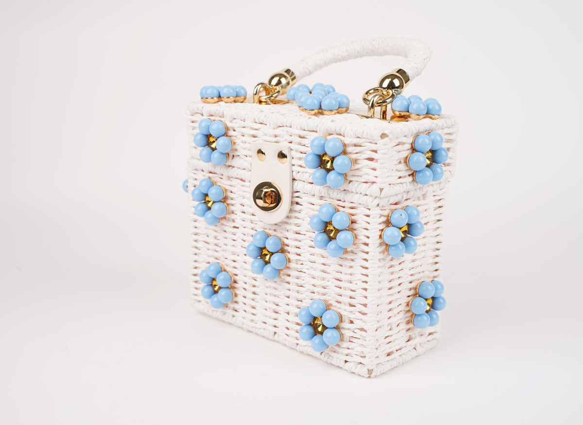 Wicker Bucket Daisy Flower Purse: Navy + White Daisy
