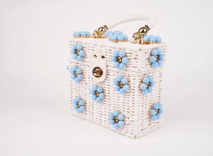 Wicker Bucket Daisy Flower Purse: Navy + White Daisy